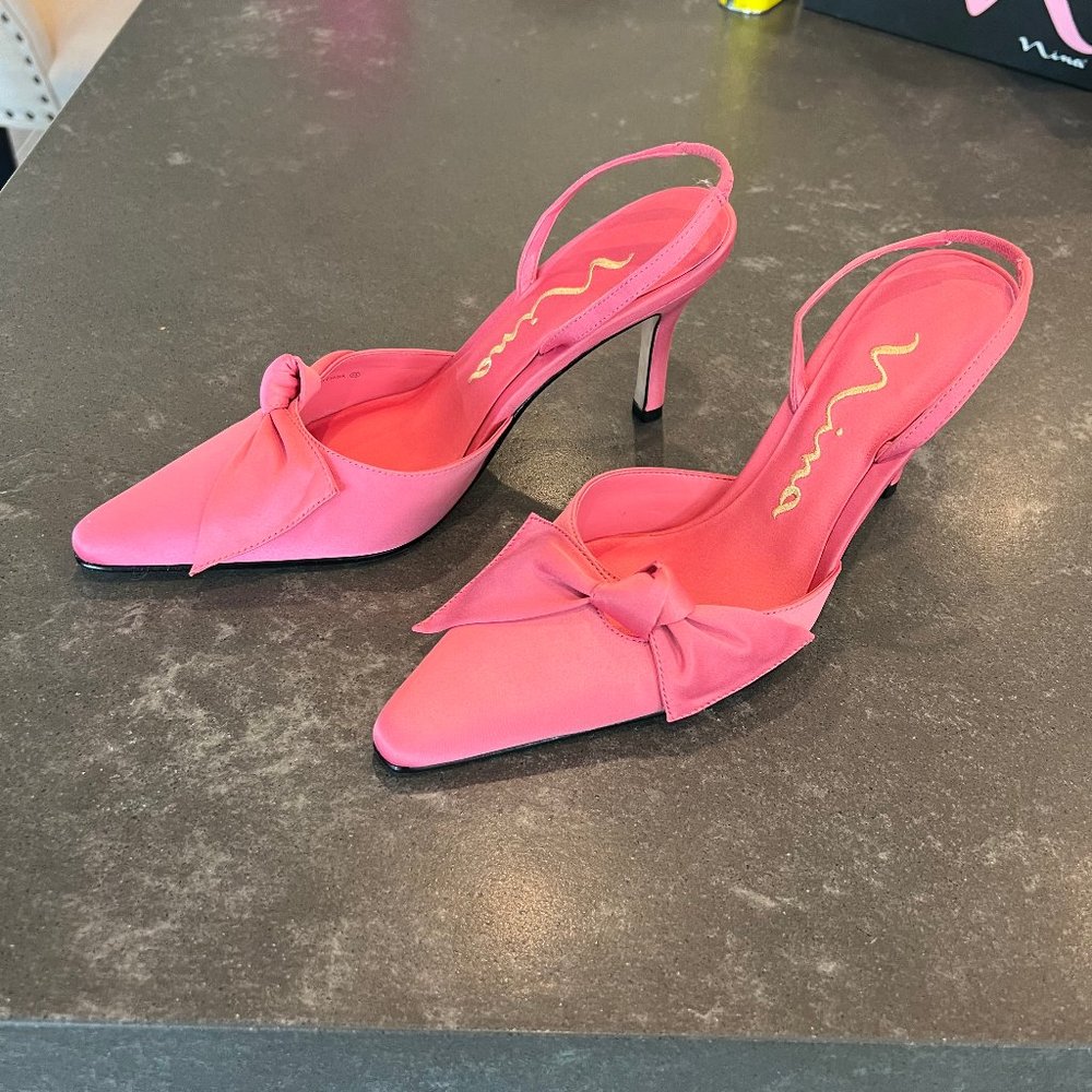 Nina ‘Sidra’ Satin Pink Heels with Bow Detail, Size 6.5